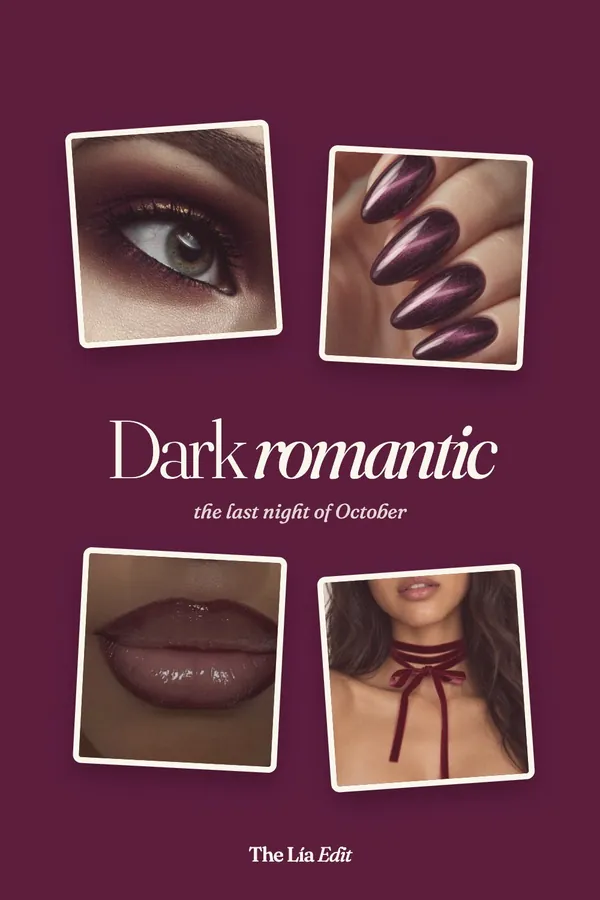 Dark romantic makeup collage: plum smoky eye, burgundy cat-eye nails, glossy wine lips and velvet ribbon choker