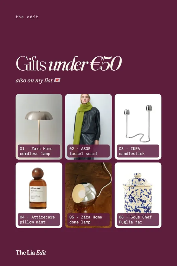 Thoughtful gift ideas: cordless lamp, green tassel scarf, silver candlestick, pillow mist, chrome dome lamp and blue splatter jar