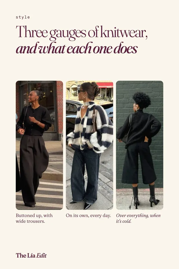 Three winter knitwear outfits: black fine gauge cardigan, striped brushed cardigan and chunky rib jumper