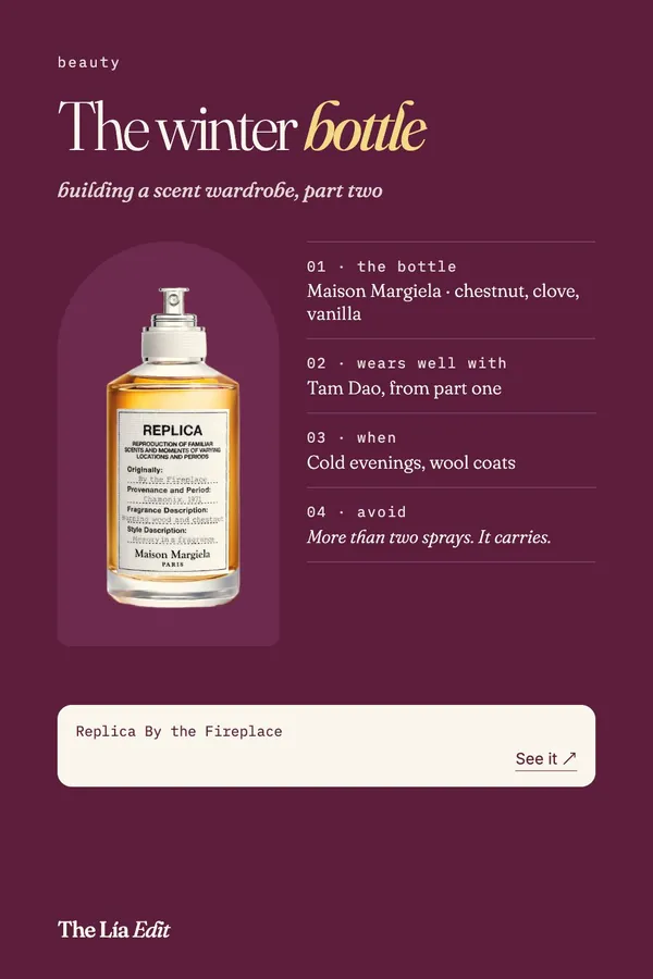 Maison Margiela Replica By the Fireplace winter perfume bottle on a plum background